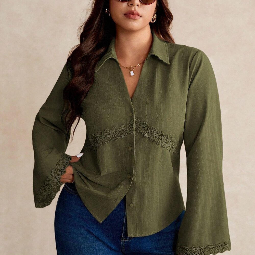 Army Green Casual Elegant Women's Plus Size Lace Trim Button Down Shirt